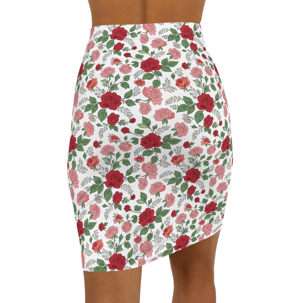 Floral Rose Pencil Skirt — Red & Pink All-Over Print