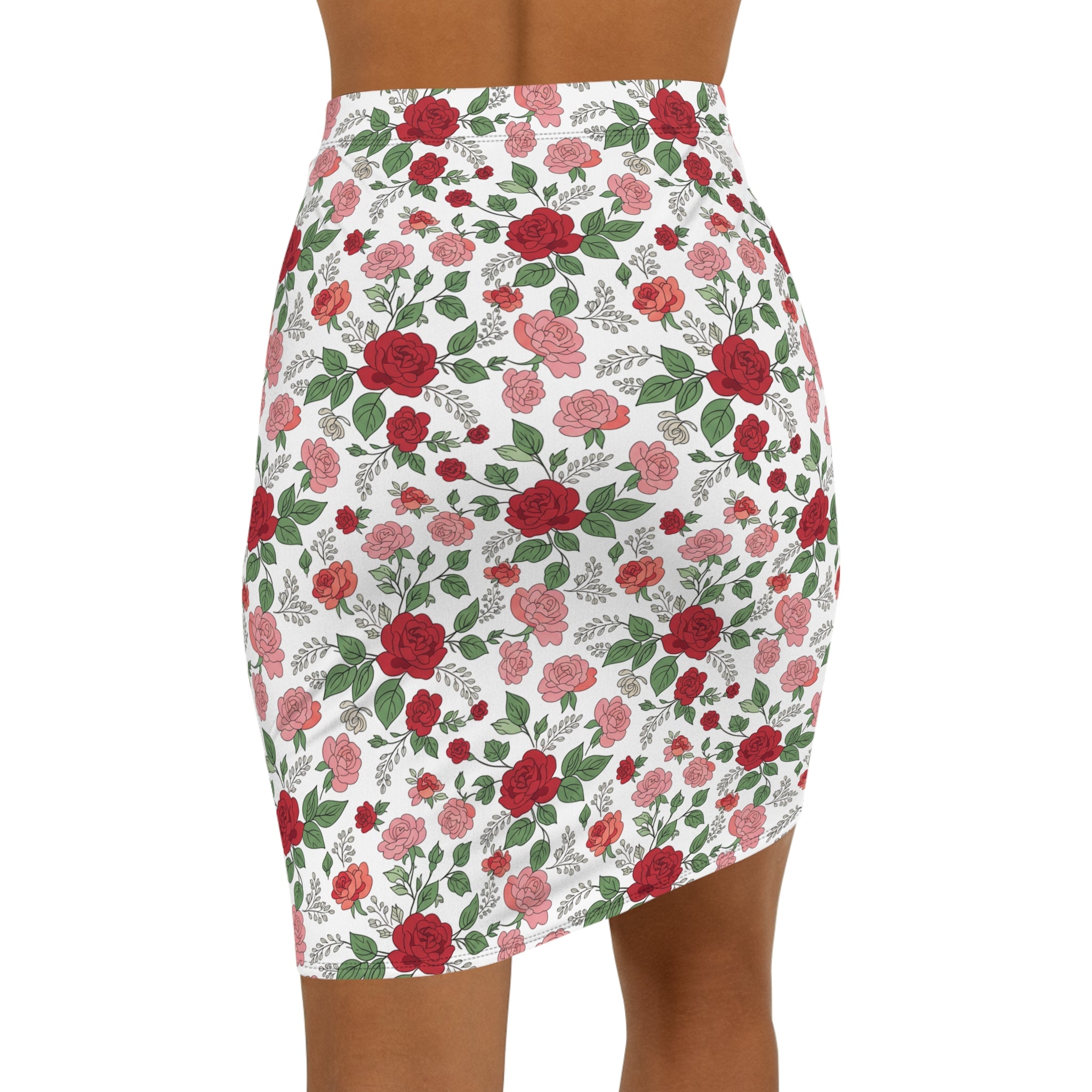 Floral Rose Pencil Skirt — Red & Pink All-Over Print