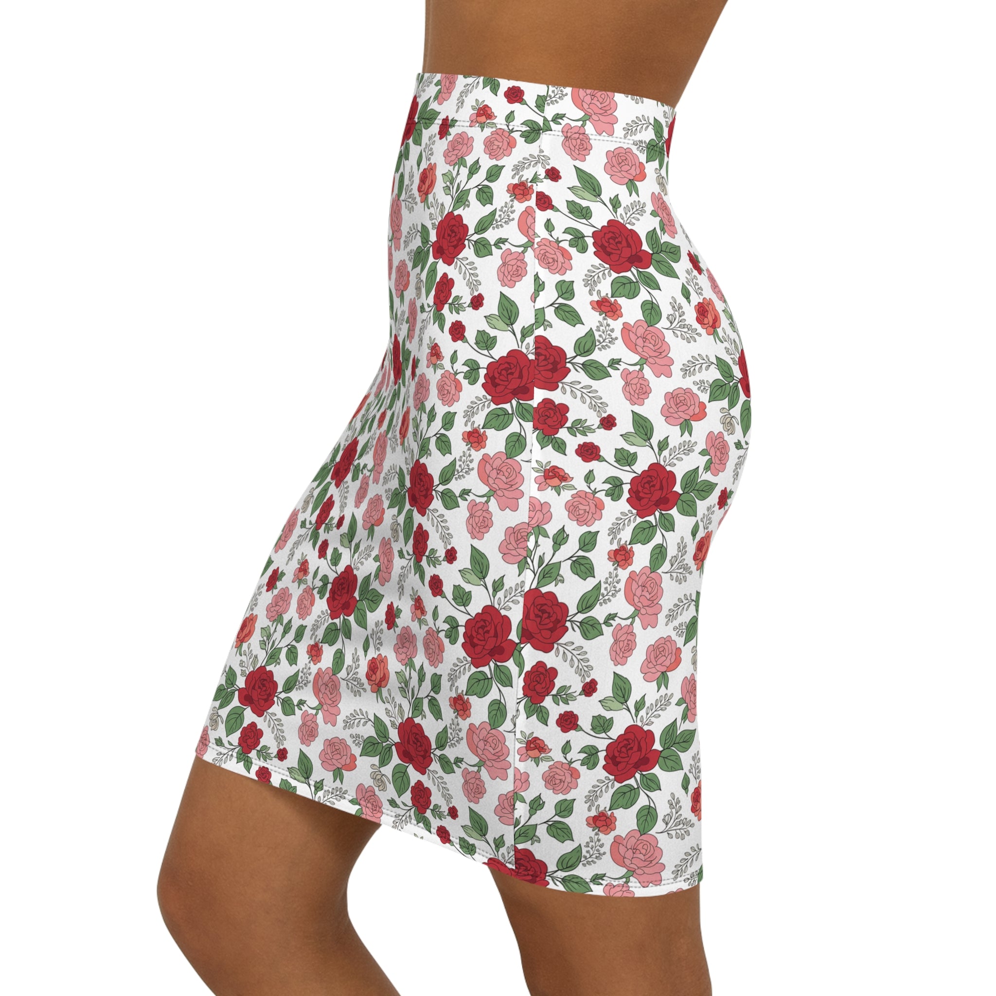 Floral Rose Pencil Skirt — Red & Pink All-Over Print