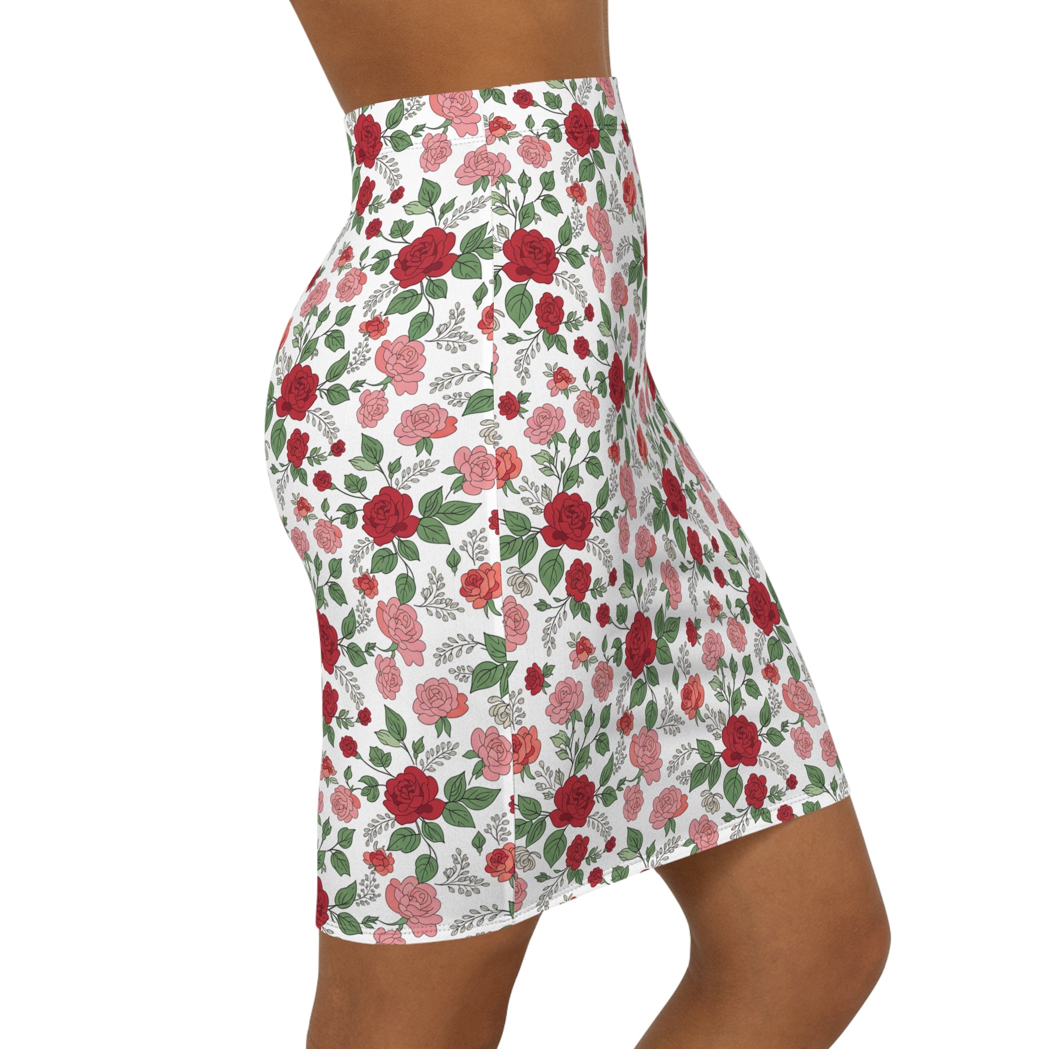 Floral Rose Pencil Skirt — Red & Pink All-Over Print