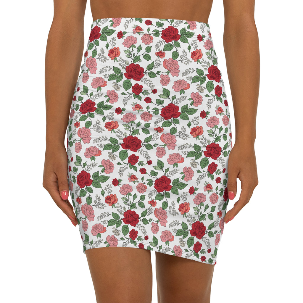 Floral Rose Pencil Skirt — Red & Pink All-Over Print