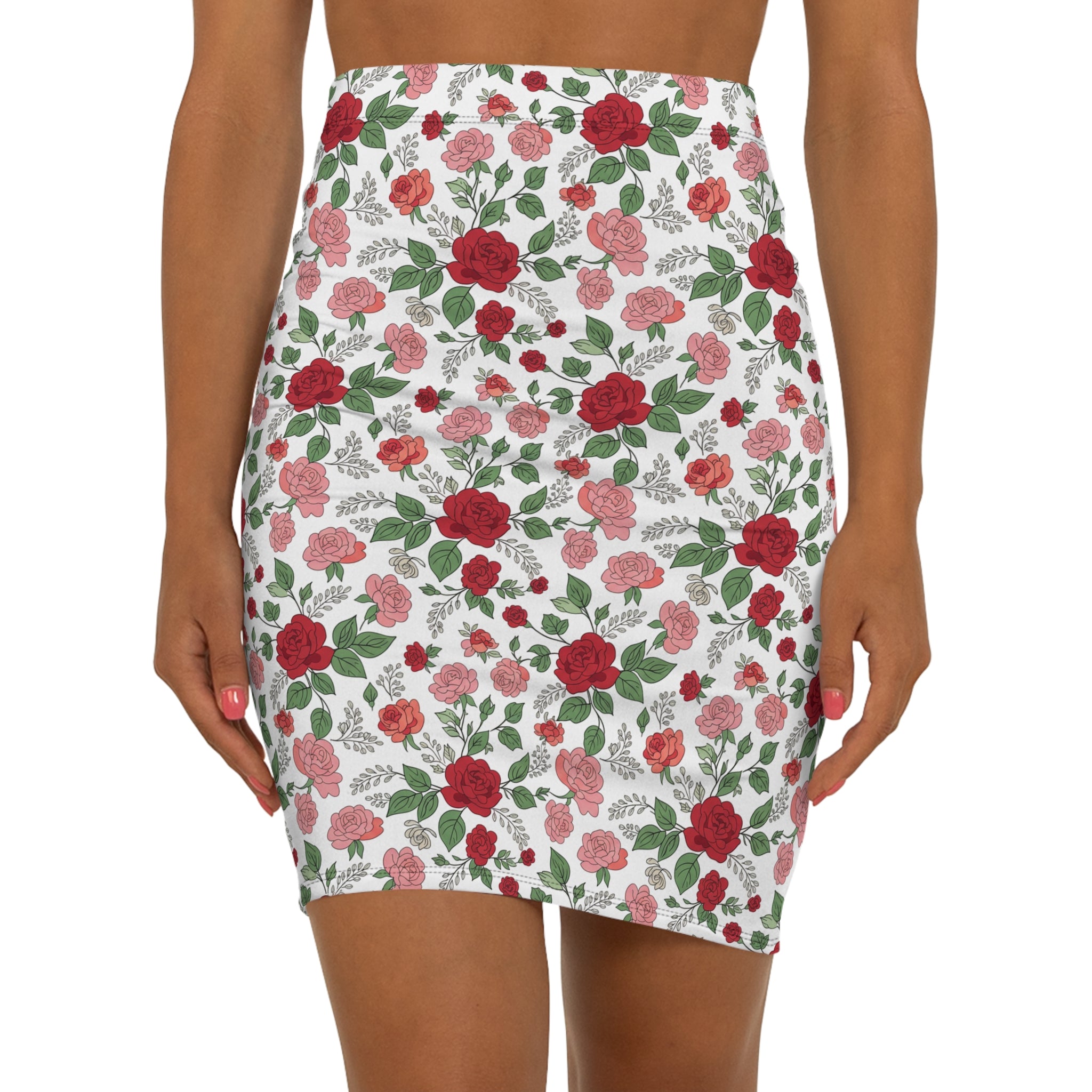 Floral Rose Pencil Skirt — Red & Pink All-Over Print